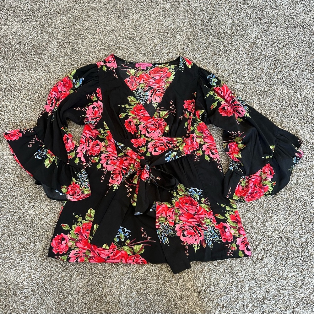 Floral Black Wrap Top